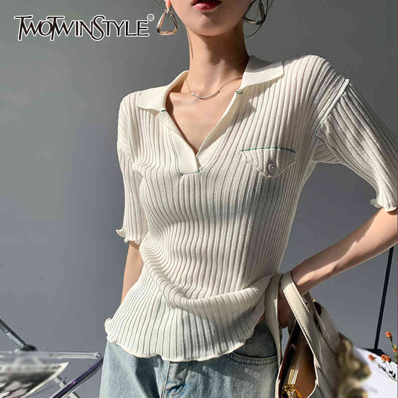 

TWOWINSYLE Casual Solid Shirt For Women V Neck Short Sleeve Patchwork Slim Shirts Females Summer Fashion Stylish 210524, White