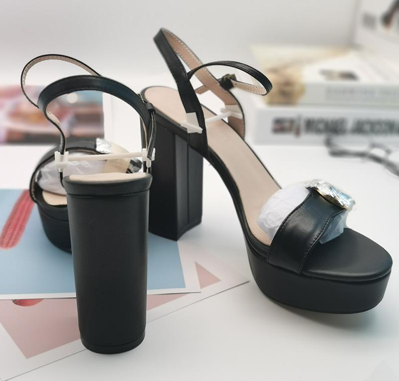 

Summer one line with thick heel sandals womens Bronze button peep toe leather high heels fashion wedding party heel height 10cm size 35-41, Black