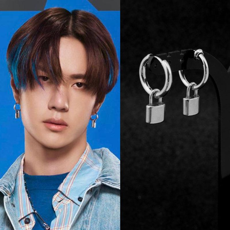 Dangle & Chandelier KPOP Stainless Steel Earrings Idol Punk Padlock Stud Earring Lock Pendant Ear Clip For Women Men Star Same Style Jewelry-image-709188347