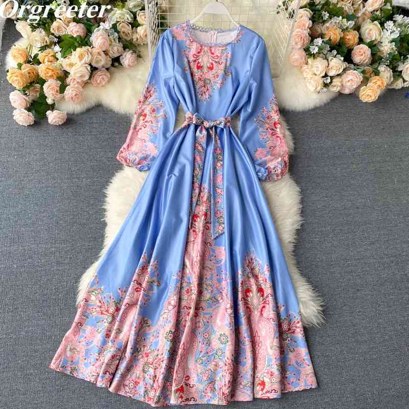 

High Quality Runway Design Printted Blue Long Dresses Women Spring Fall Chic Lace Trim Bow Sashes Retro Maxi 210525