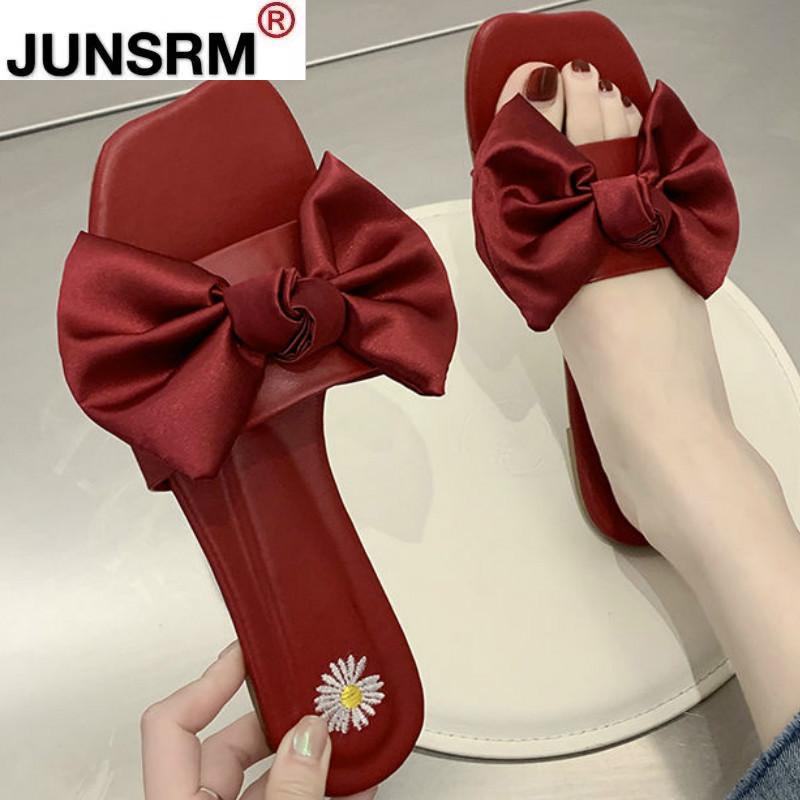 

Summer Woman Slippers Bowknot Flat Bottom Fashion Casual Outer Wear Soft Beach, Black