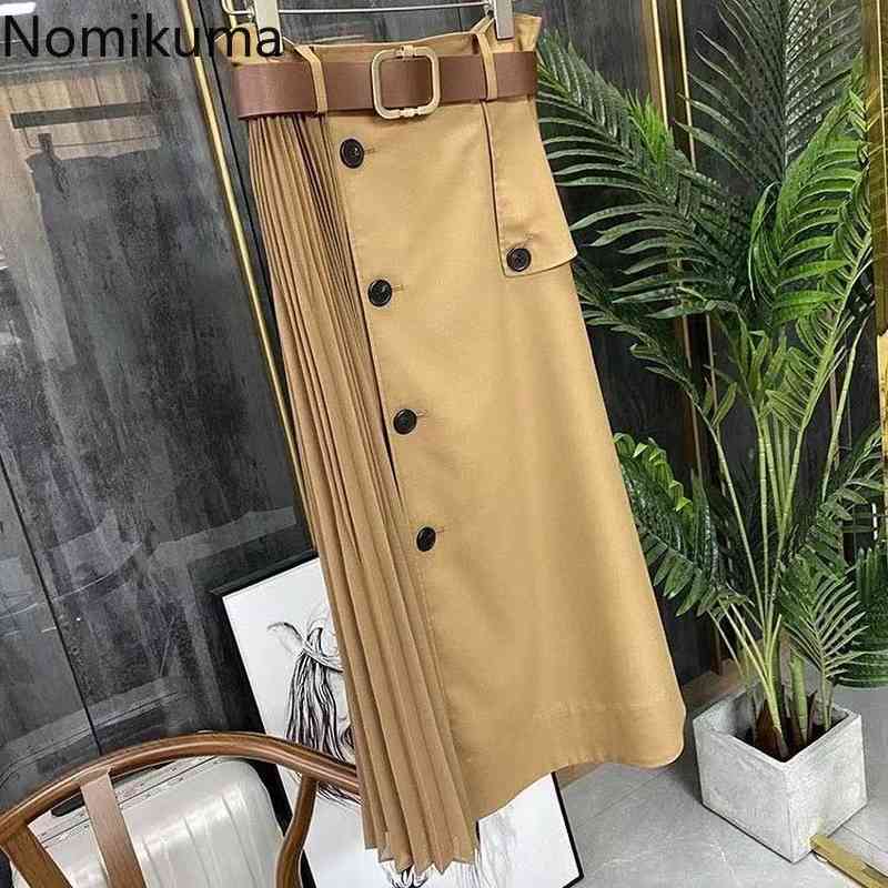 Nomikuma Korean Elegant Woman Skirt Belt High Waist Causal Chiffon Patchwork Skirts Spring Summer New Faldas Mujer 6H105 210427