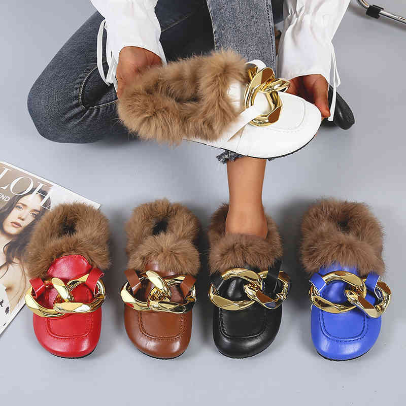 

2021 Winter Gold Chain Dign Women Slipper Fur Closed Toe on Keep Warm Mul Sho Round Low Heels Casual Slid, Black
