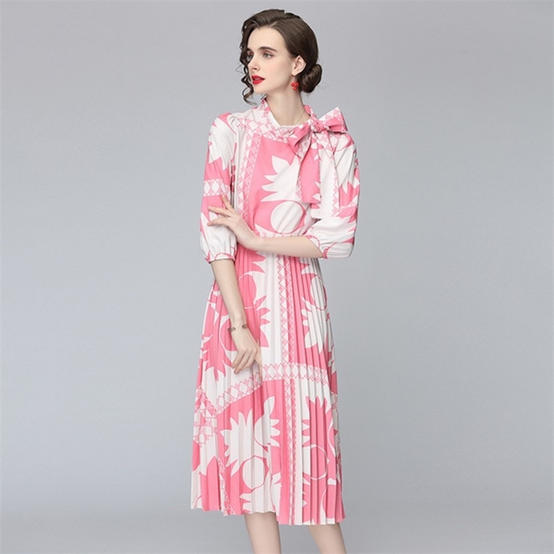 

Runway Design Women 2 piece set Spring Fashion Pink Print Bow Chic Shirt + High Waist Pleated Midi Skirts Suit Female 210519, Photo color