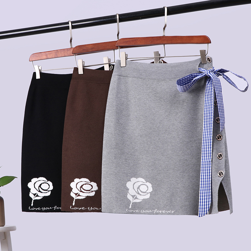 

Autumn Winter Elegant Jacquard Knitted Skirt Women Split Button A-line Bandage Female Office Lady Streetwear 210520, Gray