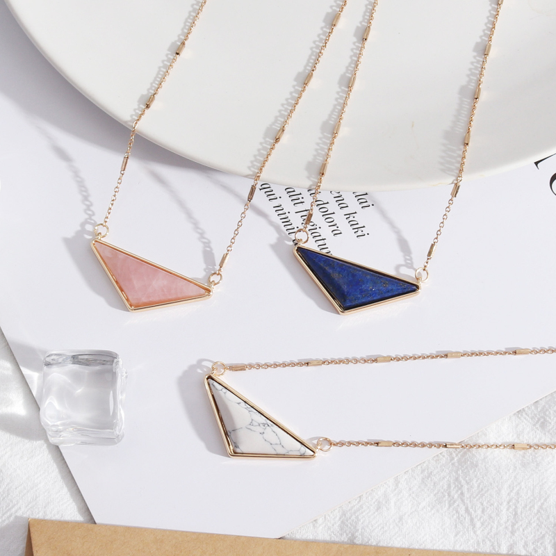

High Grade Triangle Pink Crystal White Turquoise Lapis Lazuli Pendant Necklace