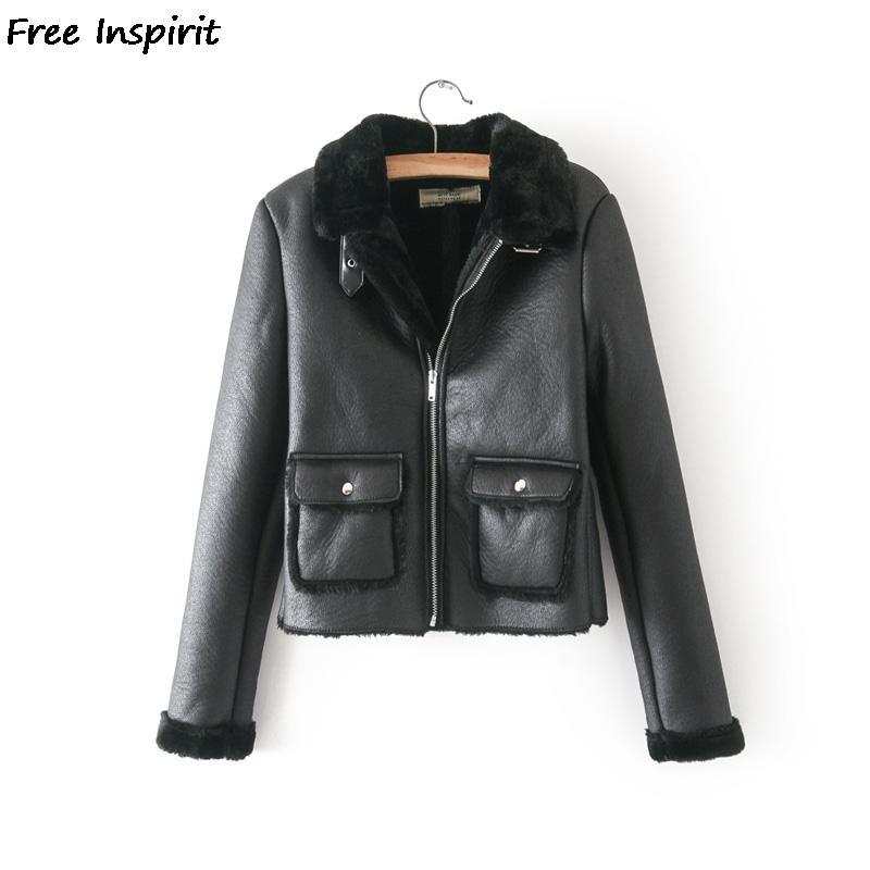 

Women's Leather & Faux Free Inspirit 2021 Fashion Winter Women Vintage Coat Pu Wool Lining Flocking Warm Lapel Fake Jacket, Black