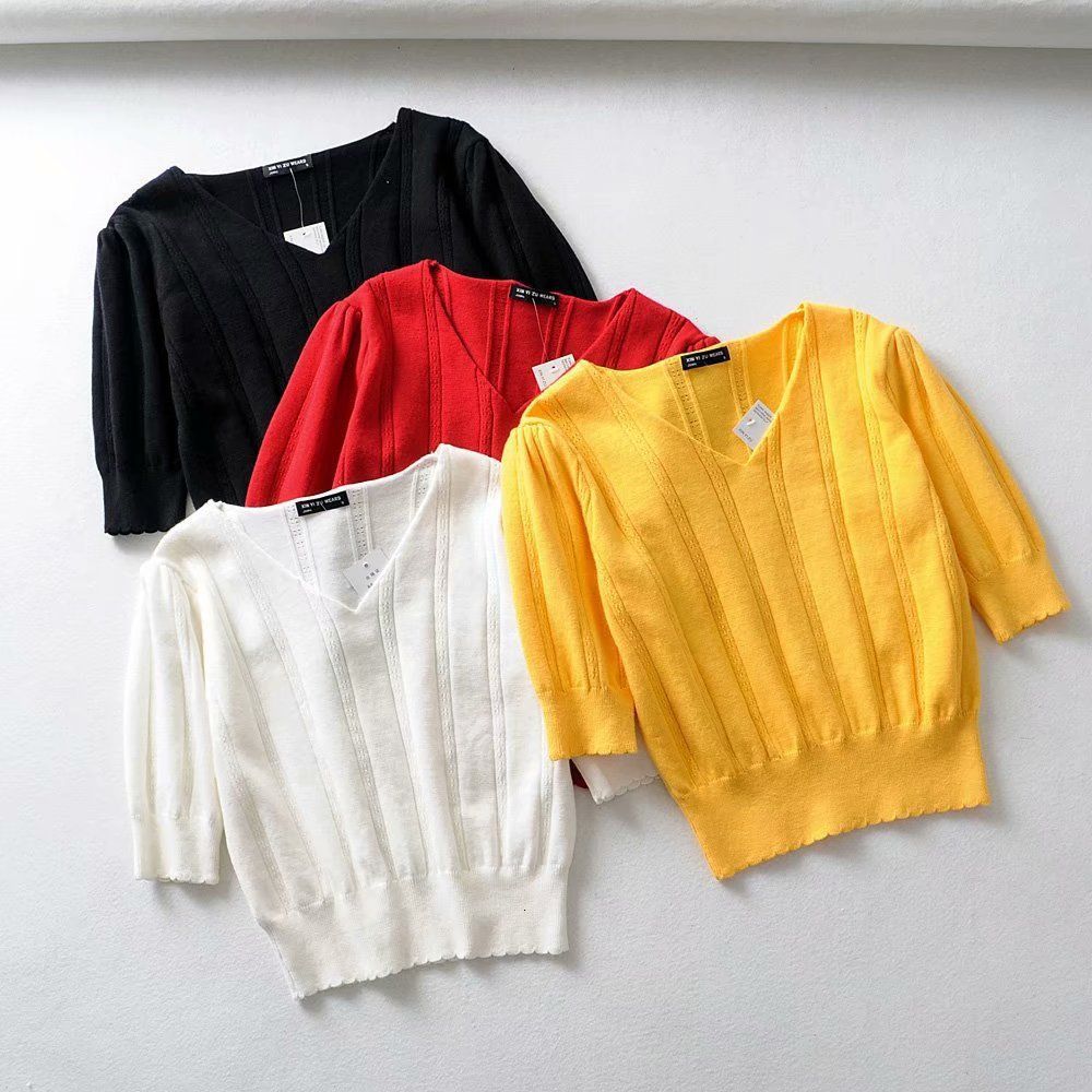 

t shirt 2021 summer fashion pullover v-neck quarter sleeve solid color slim and open navel short cut knitted, White