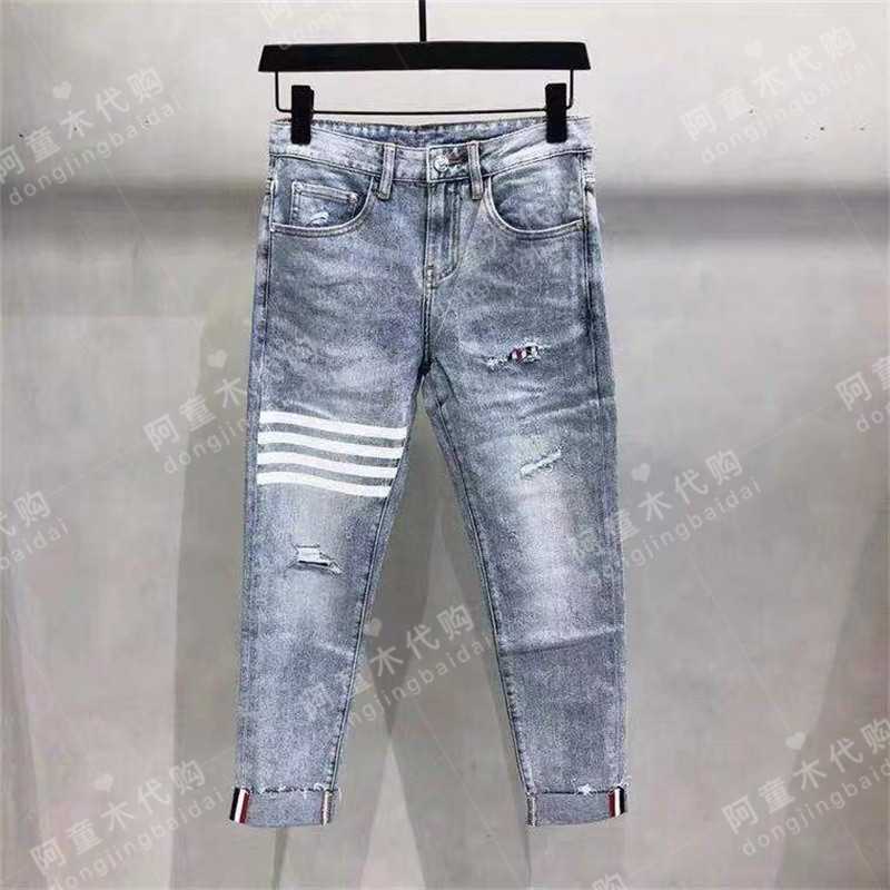 

Wholesale 2021 Fashion Denim Casual Hip Hop Thom New Men White Striped Four-bar Mode Ripped Slim Tiener Cropped Jeans, Blue