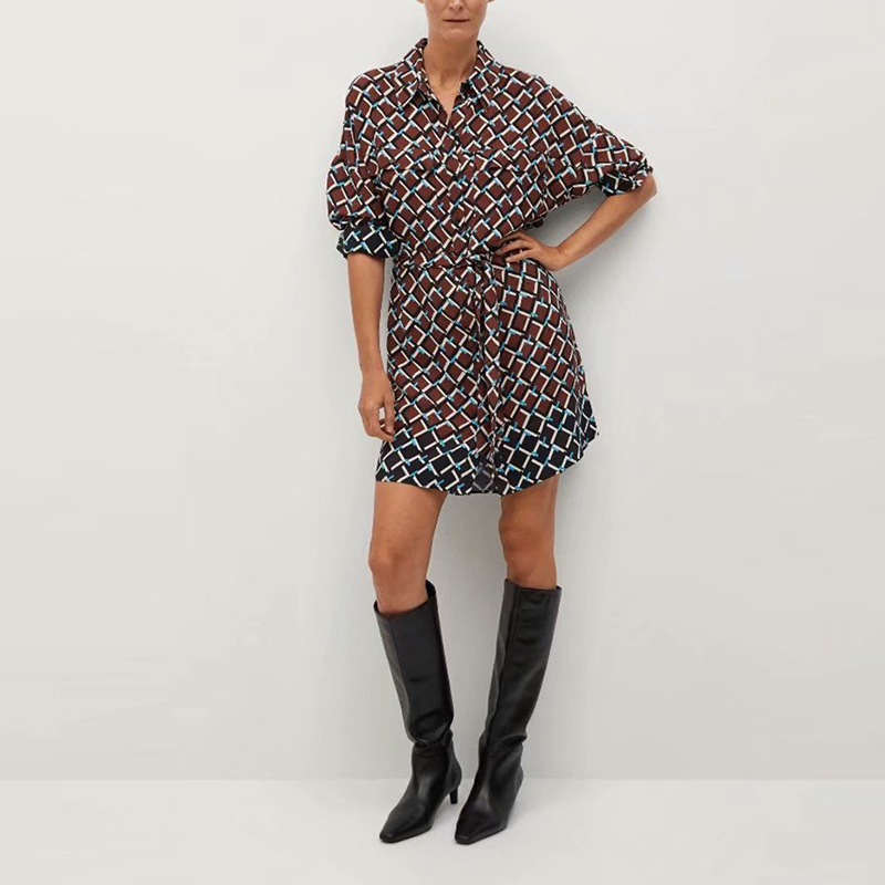 

Women Spring Long Sleeve Knee Length Plaid Dress Floral Turn Down Collar Office Street wear With Sash NX9910 210525, Brown