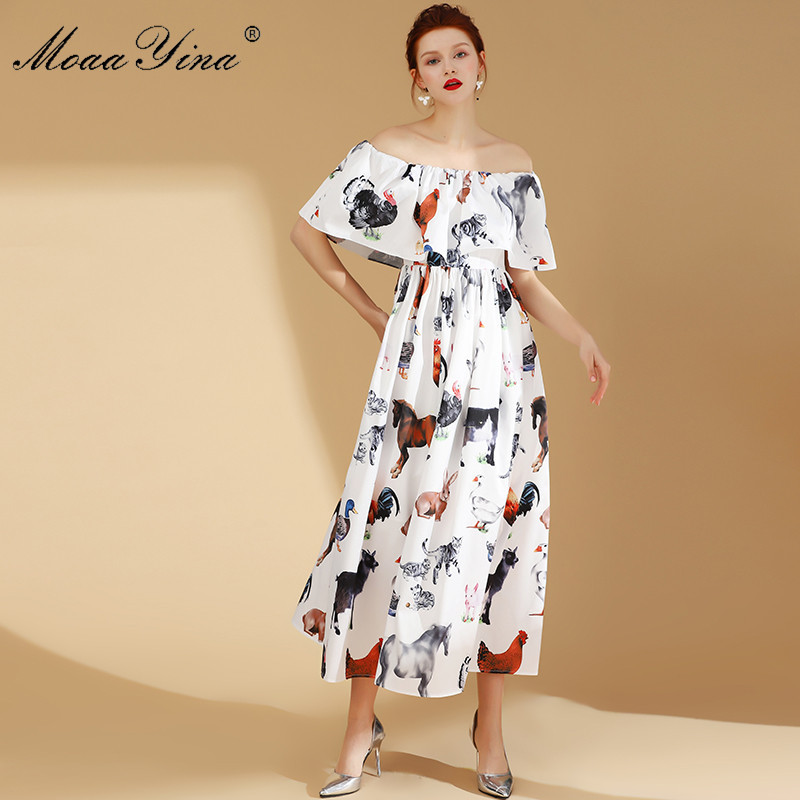 

Fashion Designer Runway Dress Summer Women's Sexy off shoulder Cloak Sleeves Animal Print Vacation Party Elegant Dresse 210524, White