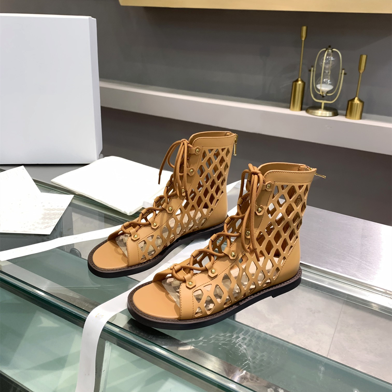 

Women Design hollow Genuine leather sandals handsome long tube show thin cool boots short dual-purpose slippers lace retro trend lady shoes