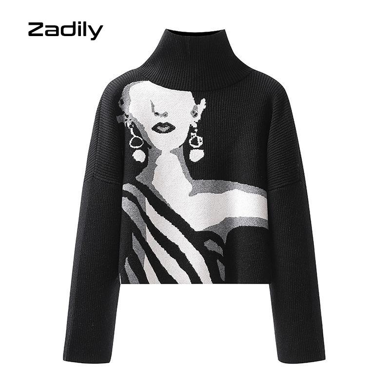 

Women's Sweaters 2022 Spring Winter England Style Full Sleeve Hand-Painted Embroidery Sweater Shiny Diamonds Ladies Short Tops, White;black