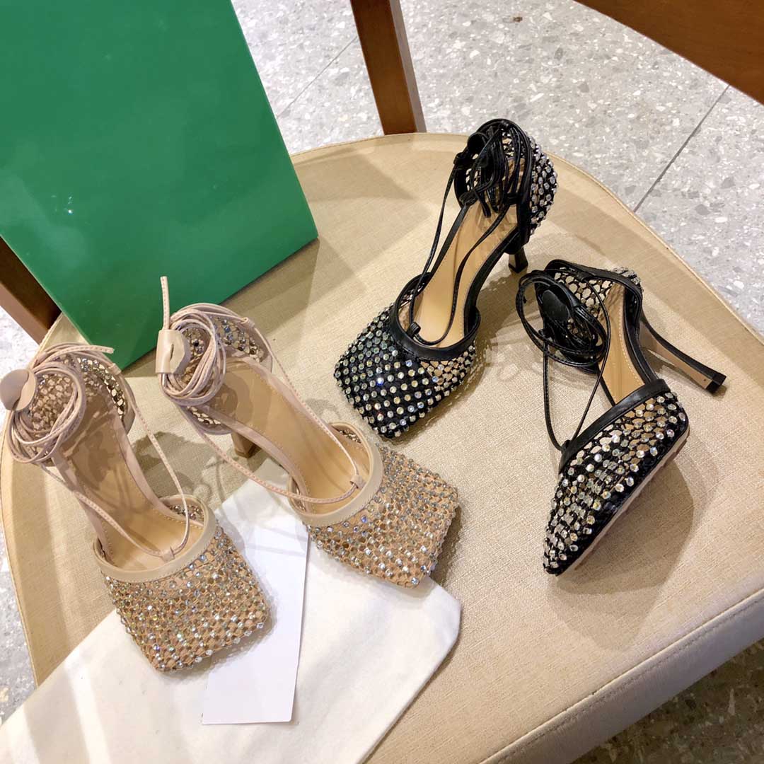 

Fashion Leather Rhinestone Mesh Sandal slides Women high heel SPARKLE STRETCH Sandals Slippers Designer Ladies office party wedding Dress shoes box size 35-40