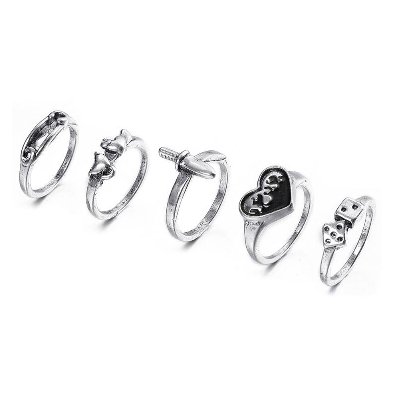 

Cluster Rings Vintage Punk Heart For Women 5PCS Retro Silver Color Geometric Dice Knuckle Unisex Trendy Finger Ring Jewelry 2022