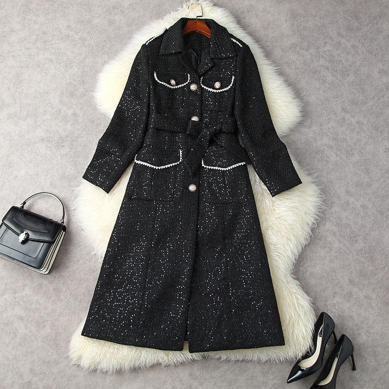

Women' Wool & Blends Runway Fashion Winter Jackets Tweed Coats Women 2021 Double Breasted Sequined Pearls Beading Long Coat Ou, Black
