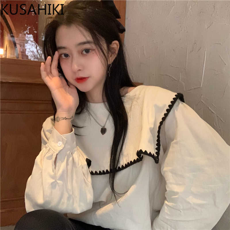 

KUSAHIKI Spring Pullove Top Blouse Causal Long Sleeve Super Turn-down Collar Shirt Korean Sweet Women Shirt 6E418 210602, White