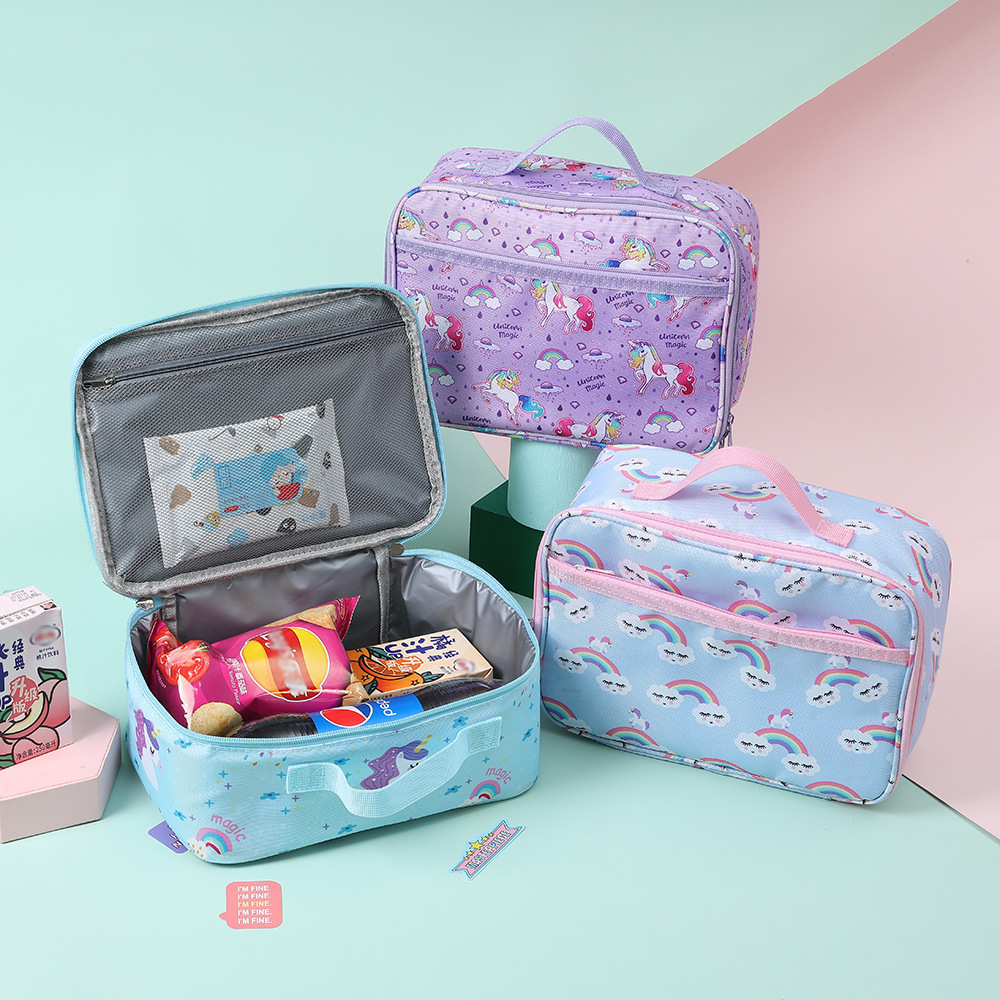 

Kid Handbags Insulate Lunch Bag Food Thermal Cooler Cartoon Unicorn Rainbow Print For Picnic Travel Tote, Blue rainbow