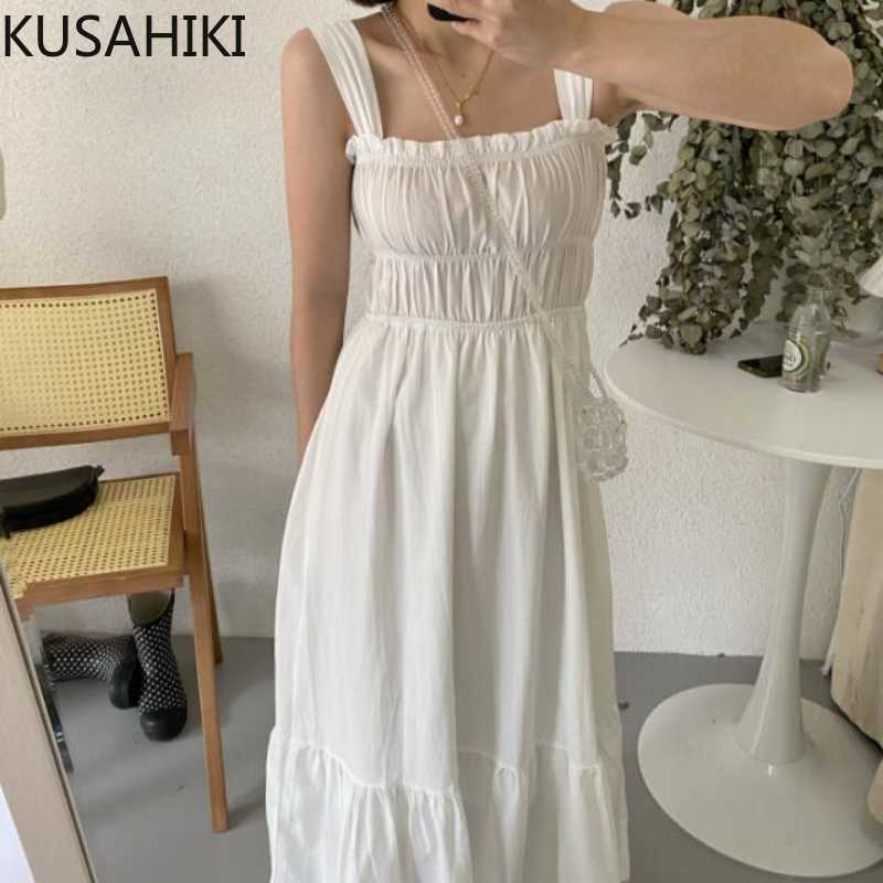 

KUSAHIKI Korean Folds Slim Waist A-line Dresses Sleeveless Square Collar Spaghetti Strap Dress Fashion Vestidos 6J175 210602, White