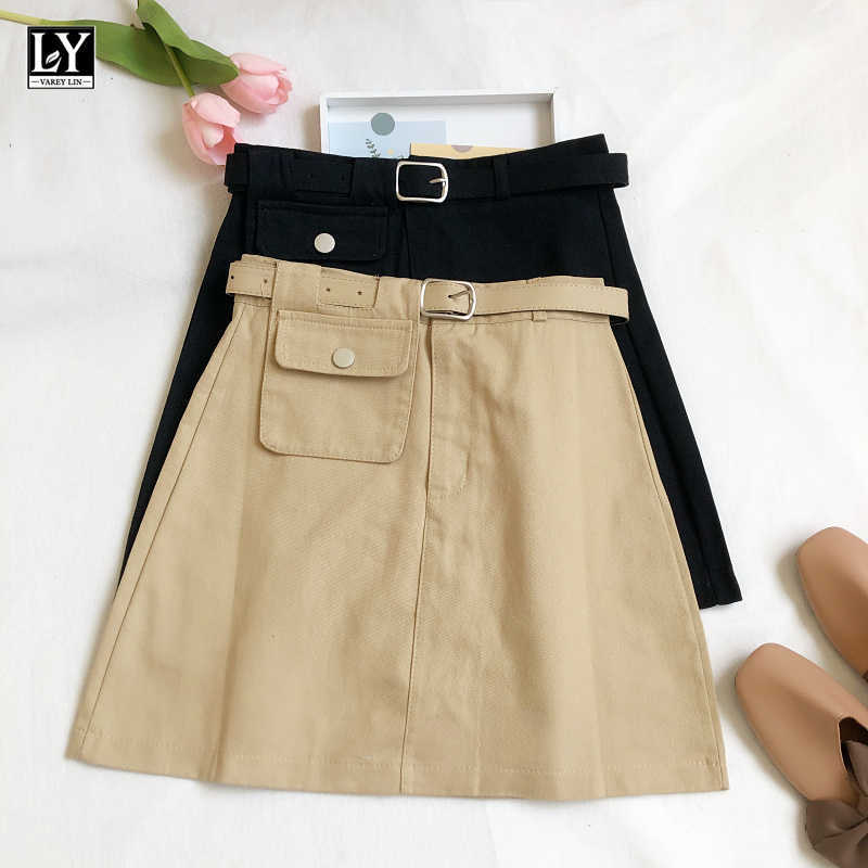 

LY VAREY LIN Summer Women Casual Solid Color White Blue A-line Skirts with Belt Sweet High Waist Pocket Mini Office Lady 210526, Black