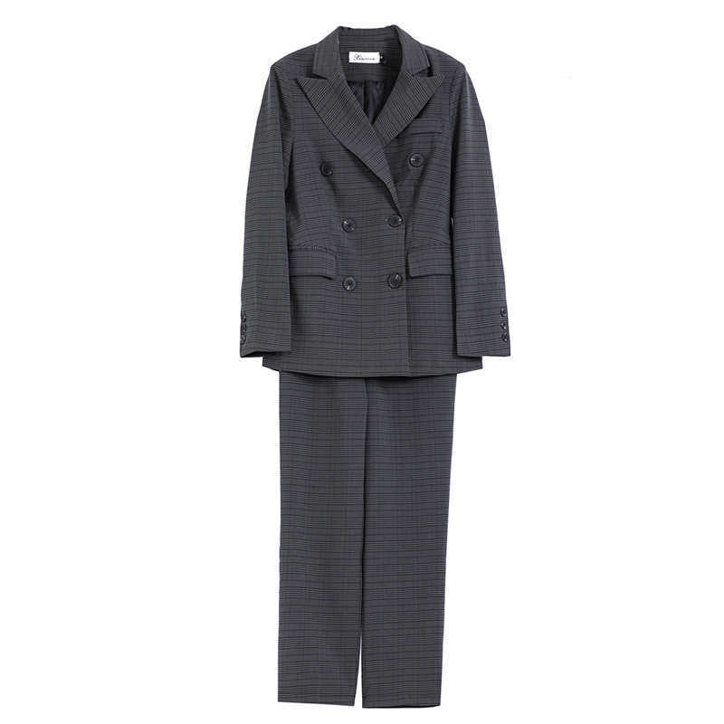 

High quality professional women's suit pants autumn double-breasted slim check Female office two-piece 210527