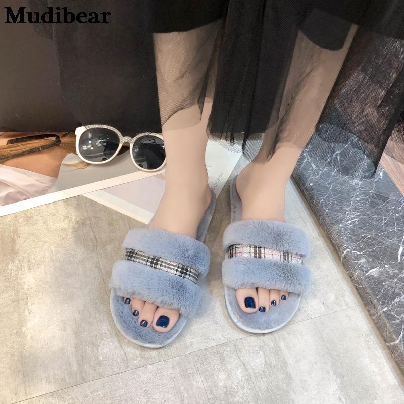 

Slippers Mudibear 2021 Furry For Women Autumn Winter Stitching Clip Open Toe Home Indoor Wood Floor Plush Cotton 36-41, White