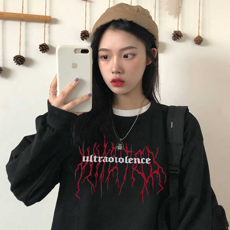 

Gothic winter Vintgae letter print fashion Harajuku Ulzzang tops loose plus velvet punk female size ins sweatshirt 210608