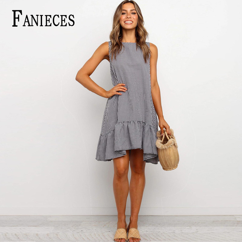 

Summer Women Sleeveless Gray Blue Plaid Round Neck Ruffle Dress Holiday Casual Mini Dresses Vestidos de mulher robe Female 210520