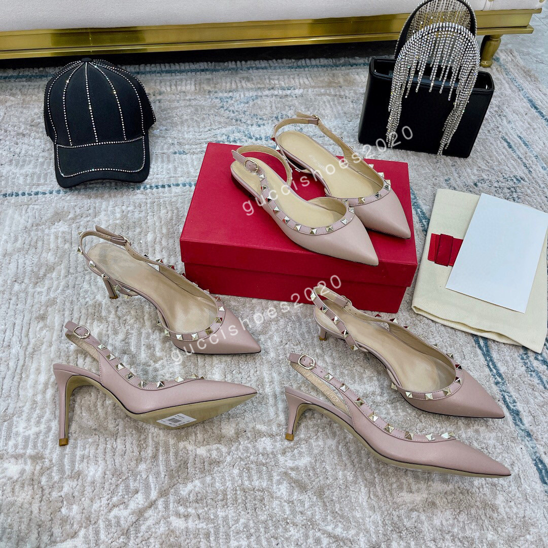 

2022 Designer Pointed Toe with Studs dress shoes matte Leather rivets Sandals Women Studded Strappy High heels valentine pumps size35-42, 04