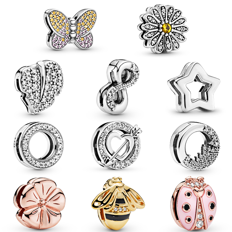 

925 Sterling Silver Bracelet Fit Pandora Reflexions Clip DIY Gift Heart Round Shape Charm Bead Safety Chain