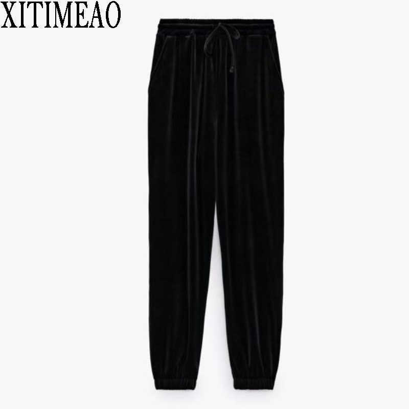

ZA Solid Color Long Trousers Lady Streetwear Velvet Pants Casual Lace Up Women Loose Elastic High Waist Drawstring 210604, Black
