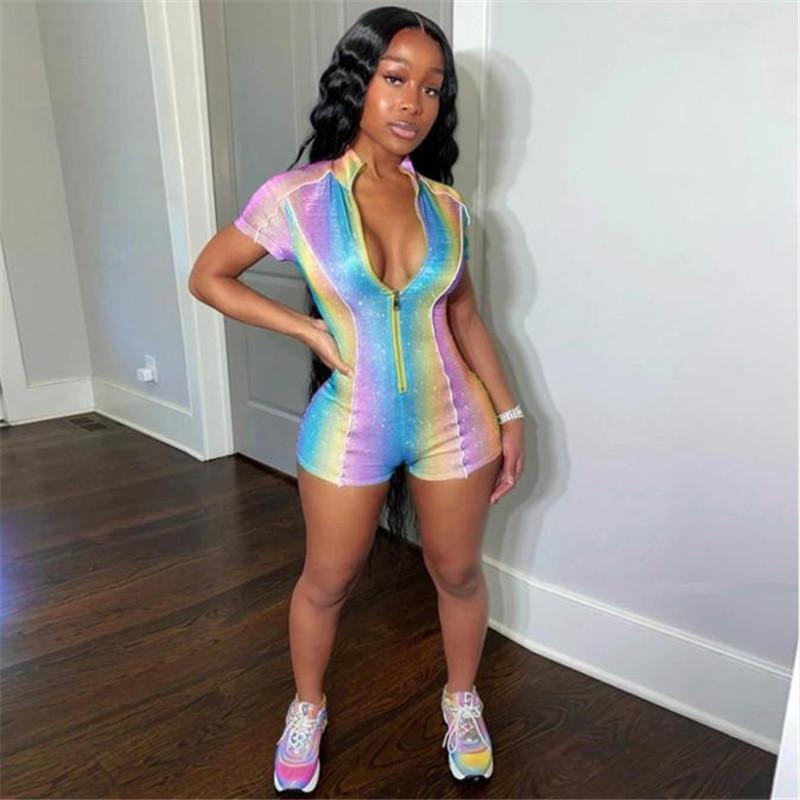 

Women's Jumpsuits & Rompers Colorful Rainbow Tie Dye Pattern Short Bodysuit Women Summer Zip Up Casual Sleeves Leotard Playsuit Femme Clubwe, Black;white