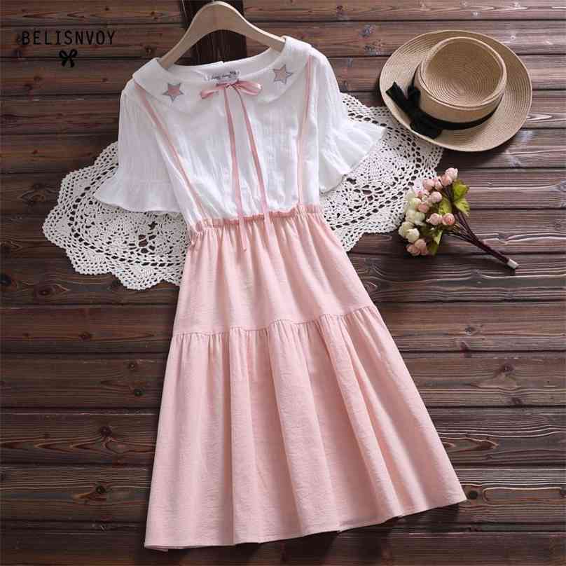 

Japanese Embroidery Summer Dress Women Fake Two Pieces Short Sleeve Cotton Blue Pink Dresses Peter Pan Collar Bowknot Vestidos 210520