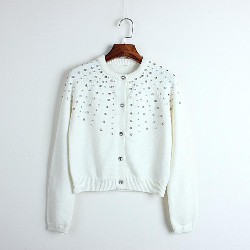 

Women's Sweaters Chic Cropped Cardigan Women 2021 Spring Wool Bend Single Breasted O-Neck Beaded Crystal Sweater Sweet Coat, Black