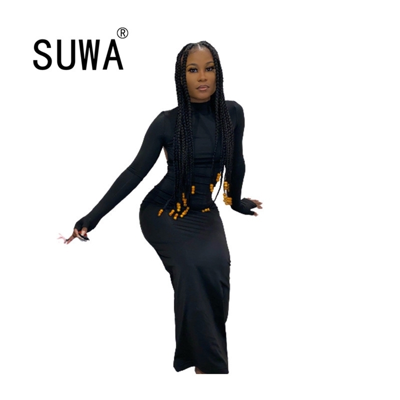 

All Black Classic Fashion Sexy Midi Dresses For Women Party Night Club Backless Hollow Out Long Sleeve Vintage Casual Dress 210525