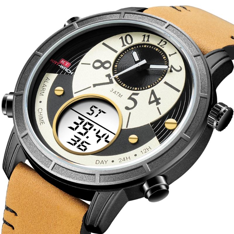 

Creative Fashion Men Sport Watches Mens LED Analog Digital Alarm Watch Army Military Leather Quartz Relogio Masculino Wristwatches, Slivery;brown