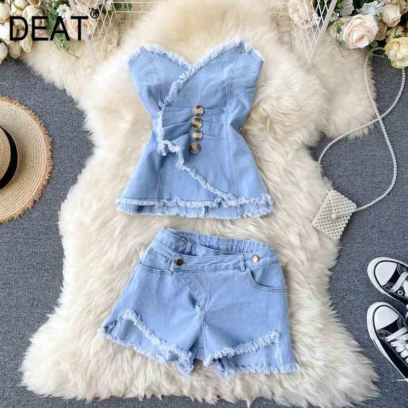 

Women Burrs Personality Temperament Pleated Denim Shorts Arrivals Two Piece Set Fashion Spring Summer 11D239 210525, Black