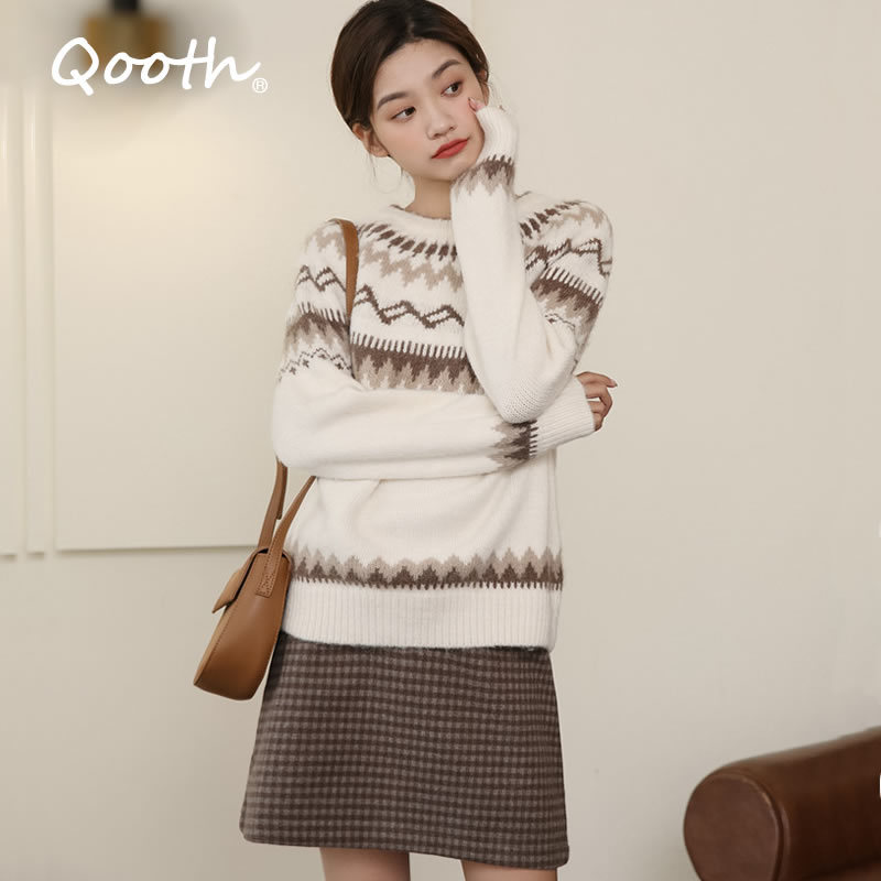 

Qooth Vintage Winter Thick Women Sweater Full Sleeve Pullovers Printed Warm Knitted Loose Jumper Sweaters QT281 210518, Coffee