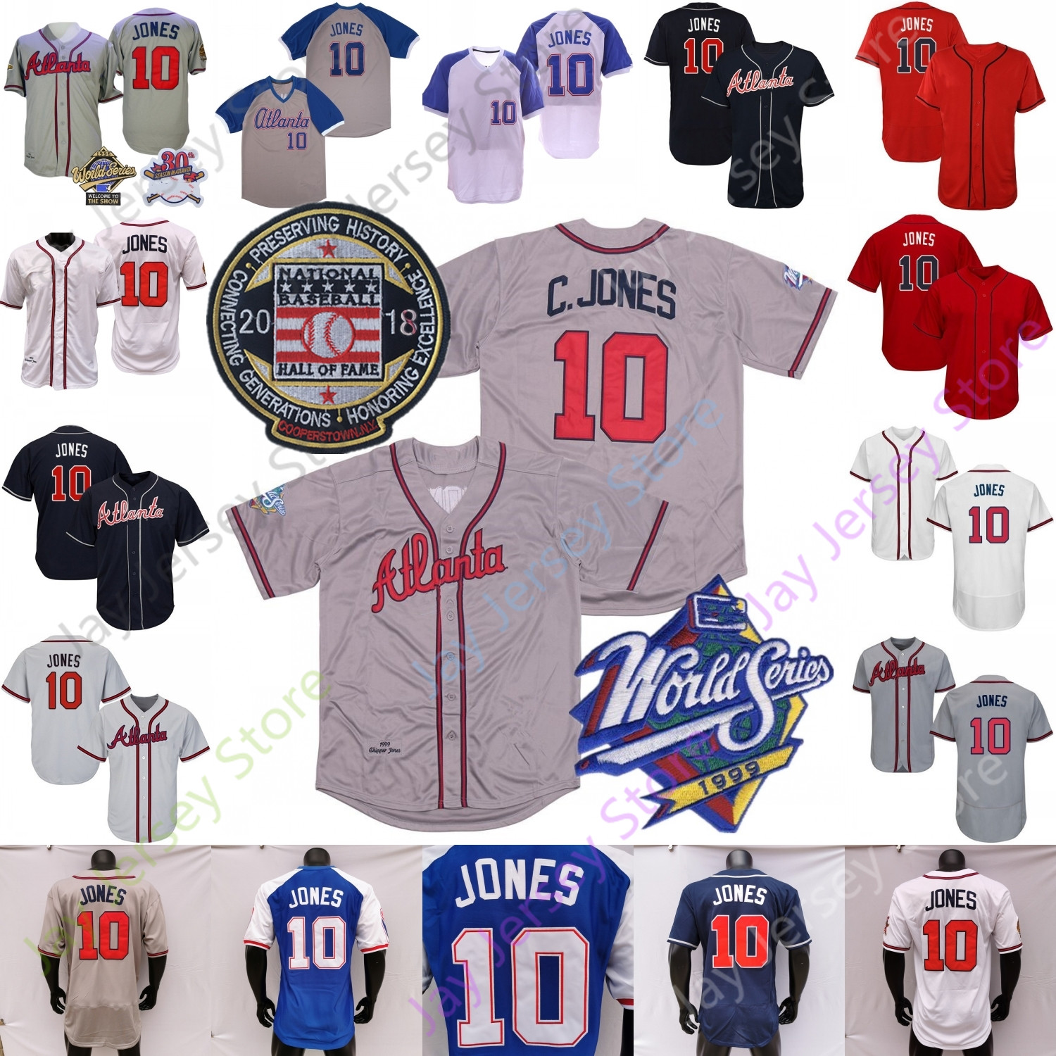 

Chipper Jones Jersey 1995 WS White Grey Vintage 2018 Hall Of Fame Retirement Patch Cream Navy Red Pullover Size S-3XL, Blue pullover