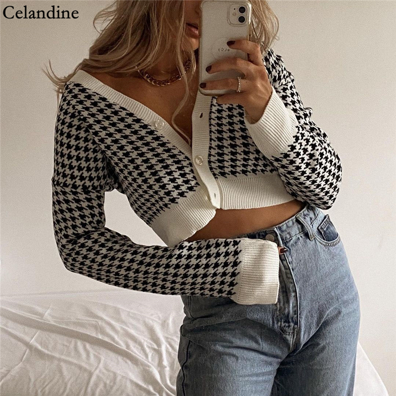 

Celandine Autumn Winter Fashion Houndstooth Knitted Sweater Cardigan Women Sexy Long Sleeve V Neck Short Sweaters Ladies 2021, Beige