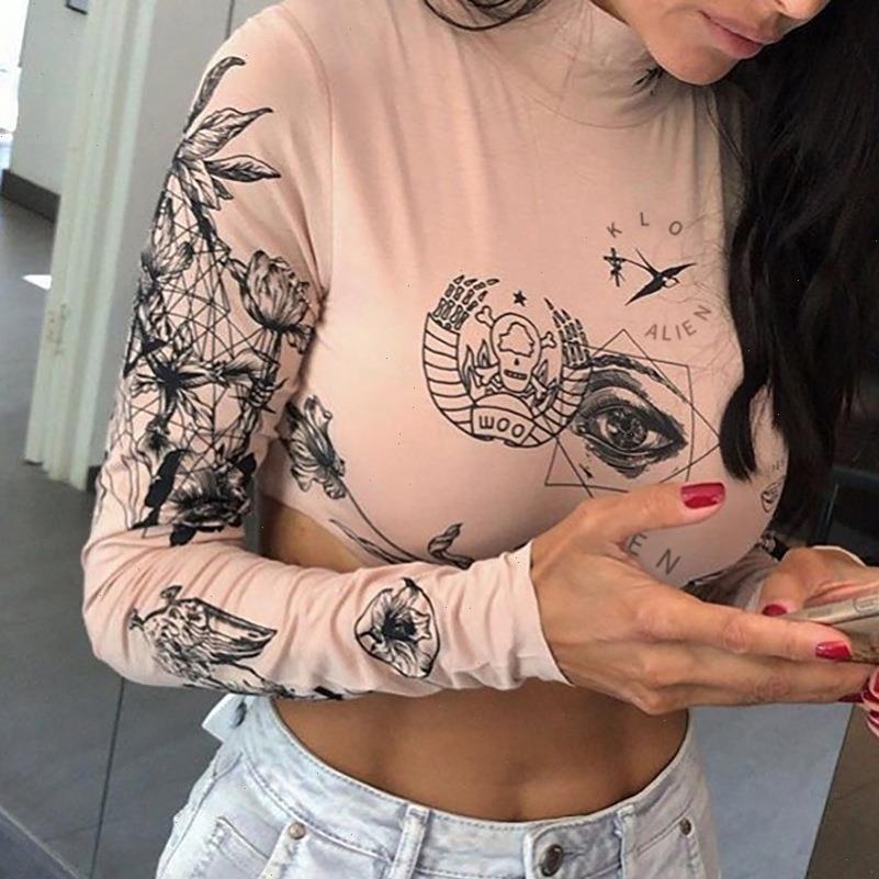 

women t shirts womens autumn long sleeve navel high collar graffiti printed base shirt short crop, White