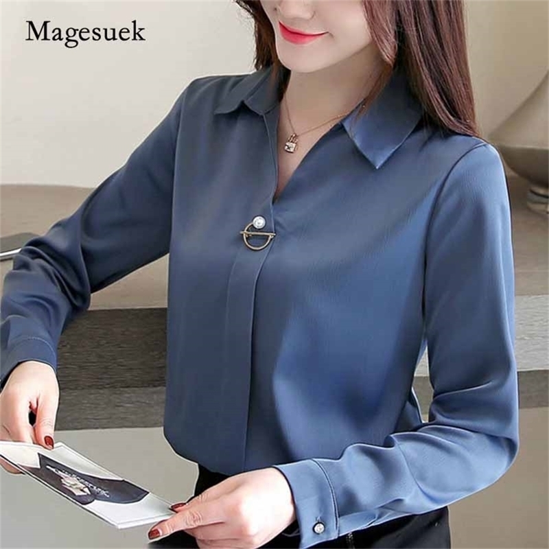 

Fashion Woman Blouses Solid Chiffon Plus Size Long Sleeve Shirts Office Lady Tops and Blusas Mujer De Moda 1783 210518, White
