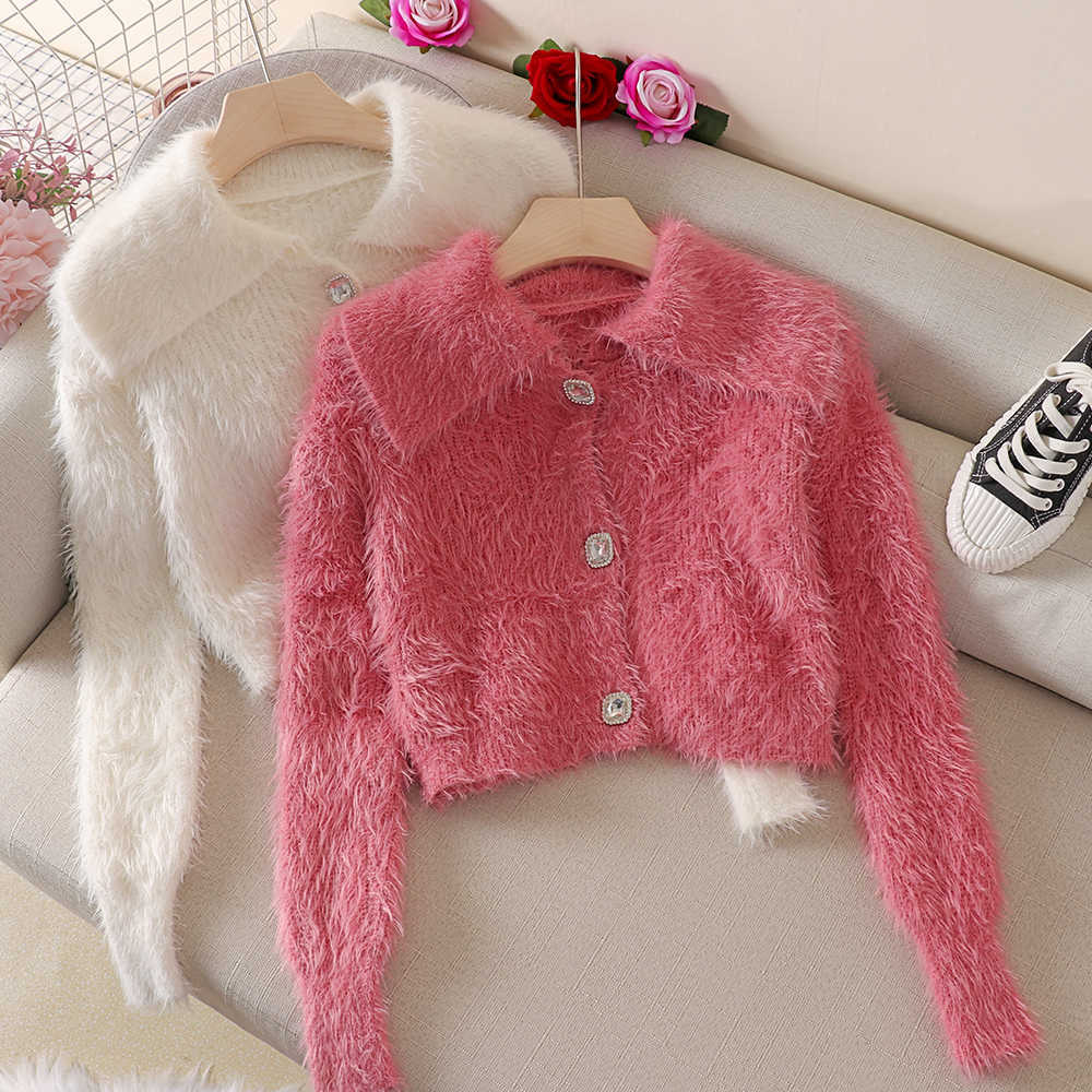 

Women Fluffy Soft Sweater Autumn Winter Vintage Short Cardigan Coat Ladies Korean Single Breasted Turn Down Collar Knitted 210602