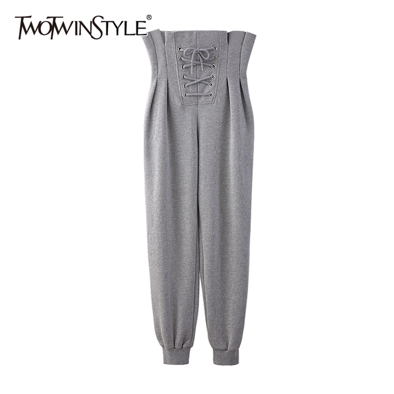 

Gray Casual Loose Pants For Women High Waist Lace Up Bowknot Slim Harem Female Korean Spring Fashion Clothing 210521