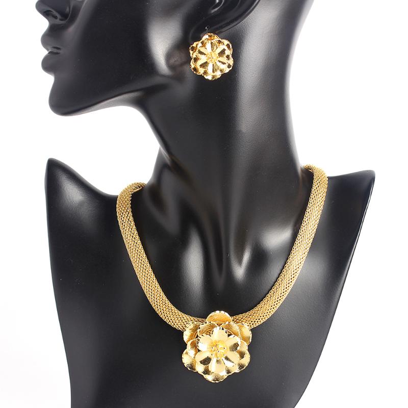 

Earrings & Necklace Fashion Women Jewelry Gold Color Flower Choker Sets Romantic Wedding Engagement Party Findings, Silver