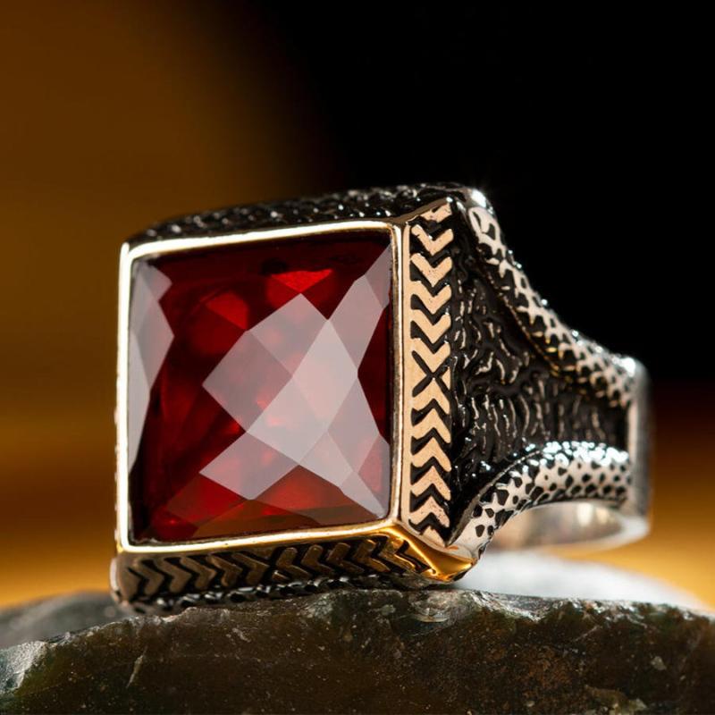 Cluster Rings Faceted Square Red Zircon Gemstone Ring, Vintage Turkish Jewelery, 925K Silver, Handcarved Men Accessories Fine Jewelery-image-711040001