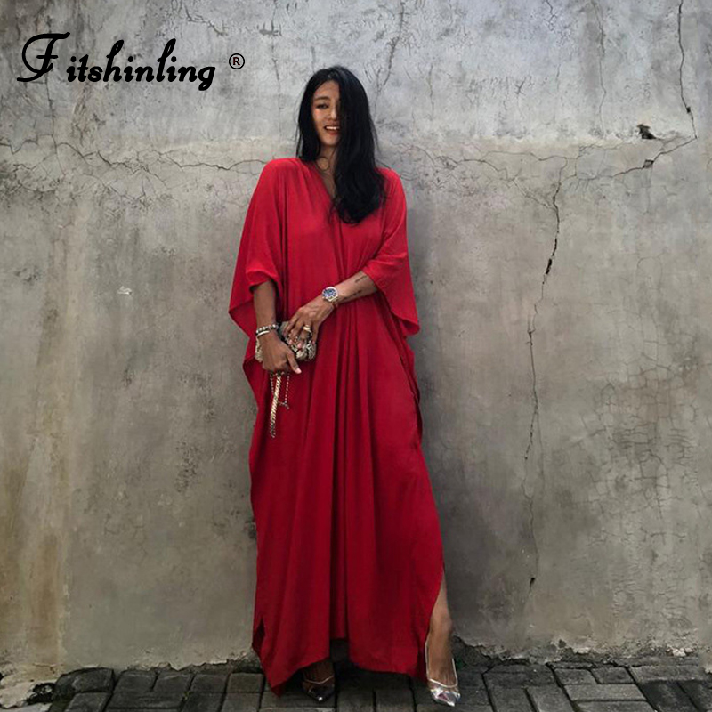 

Fitshinling Vintage Summer Long Dress Women Bohemian Oversize Red Robe Holiday Batwing Sleeve Beach Cover Up Maxi Vestidos 2021