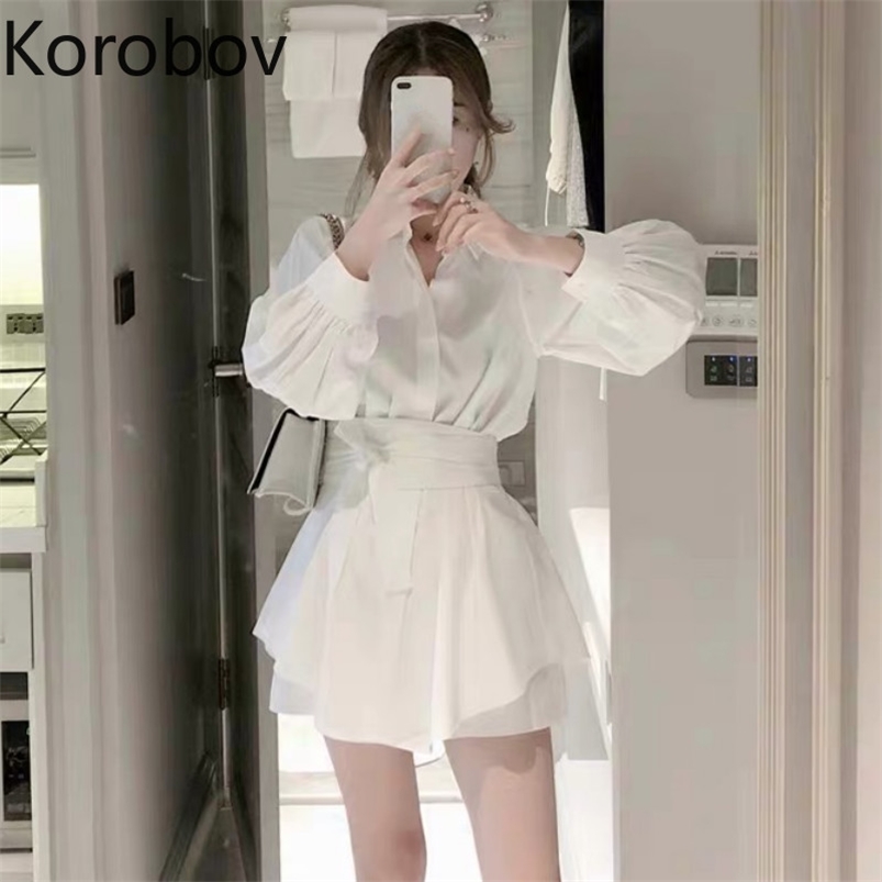 

Korobov Women Korean Beach Style Suits Long Sleeve OL Sashes Lacing Bow Blouses + Short 2 Piece Set Outfits 78358 210721, Photo color