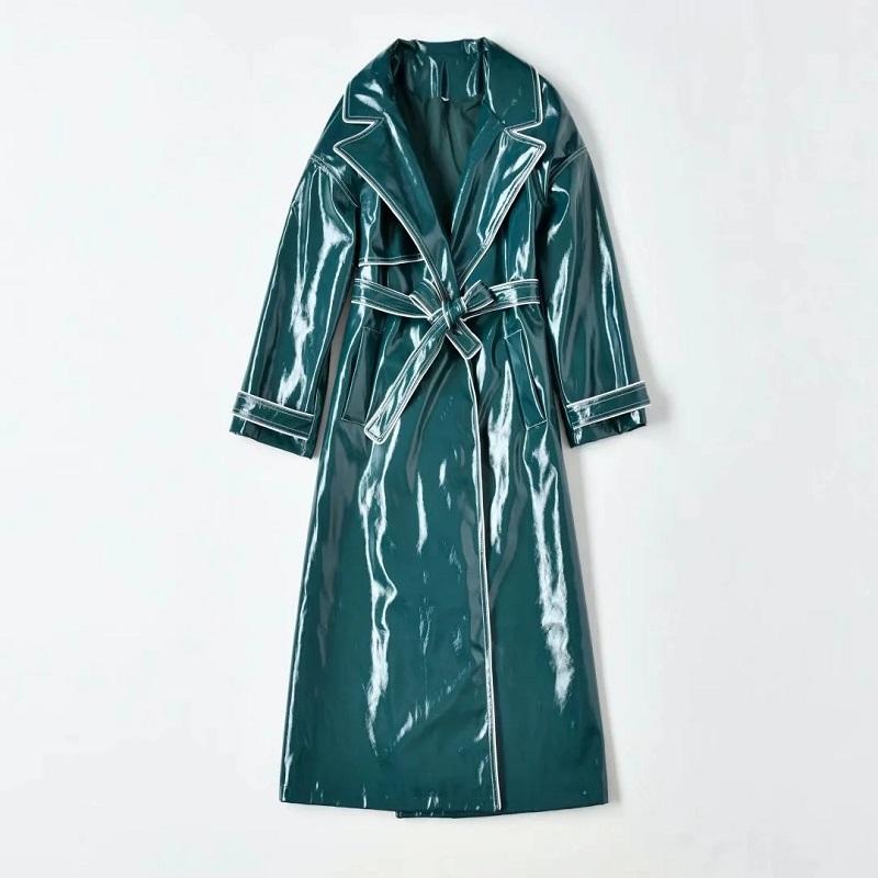 

Women' Trench Coats 2021 Autumn Winter Fashion Long Leather Coat High Quality PU Women Adjustable Belt Patchwork Casual Overcoats, Black