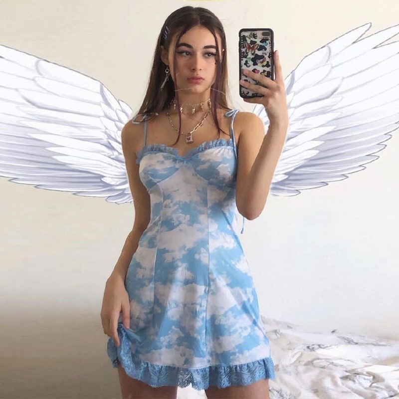 

New Summer Clouds Print Ruched Ruffles A Line Dress Women Sexy Lace Up Spaghetti Strap Bodycon Party Club Dress Mini Vestidos, Blue